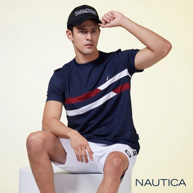 【NAUTICA】男裝 撞色條紋吸濕排汗短袖T恤(深藍)