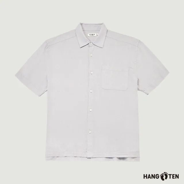 【Hang Ten】男裝-棉麻基本款素色休閑短袖襯衫(冰藍)