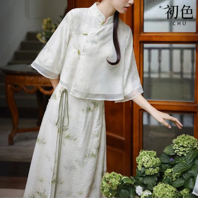 初色 復古中國風碎花印花寬鬆顯瘦蝙蝠袖上衣-墨綠色-3293