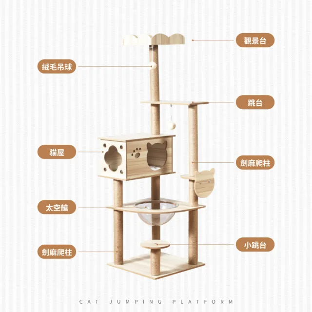 【毛滾滾】豪華木紋多層貓跳台 高165cm(太空艙 貓跳台 劍繩爬柱 觀景台 絨毛吊球 貓屋)