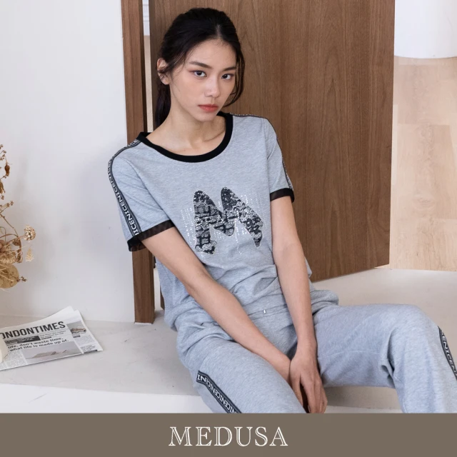 MEDUSA 曼度莎 現貨-灰色織帶休閒運動上衣（M-2L）｜女短袖上衣 休閒上衣(301-1320A)