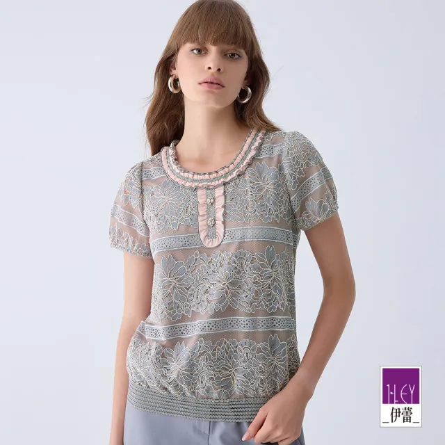 【ILEY 伊蕾】撞色荷葉蕾絲網紗上衣(粉色；M-XL；1242011846)