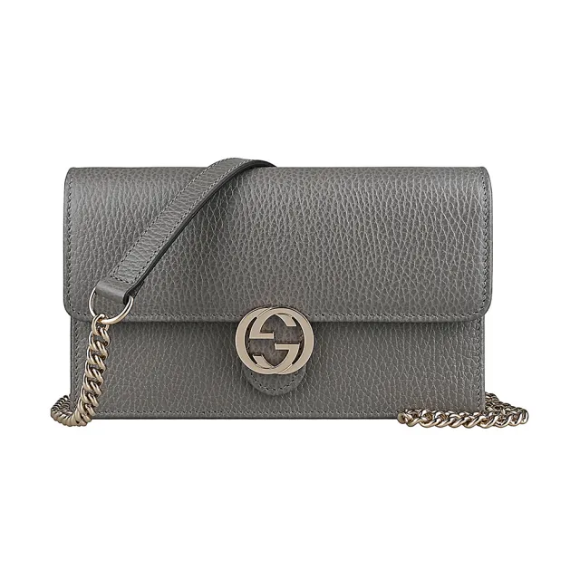 【GUCCI 古馳】GUCCI金屬LOGO牛皮18卡釦式鍊帶斜背包(灰)