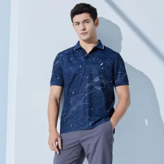 【NAUTICA】男裝 滿版品牌LOGO印花短袖POLO衫(深藍)