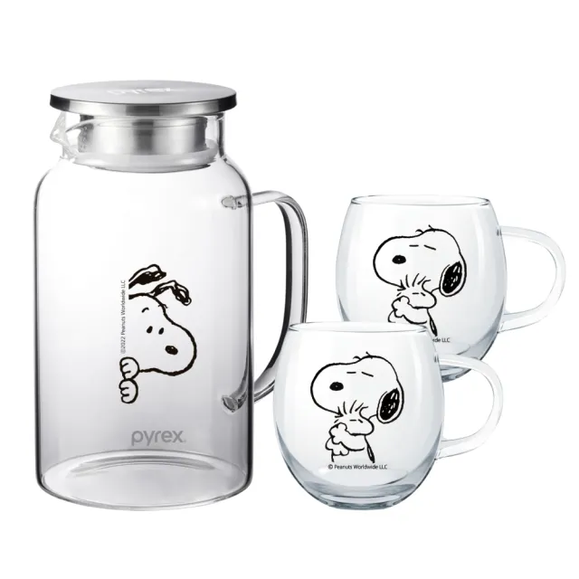 【康寧 PYREX】1壺2杯 SNOOPY黑白復刻耐熱玻璃壺1450ml+玻璃杯300ml(任選)