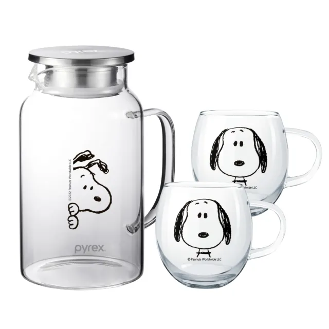 【康寧 PYREX】1壺2杯 SNOOPY黑白復刻耐熱玻璃壺1450ml+玻璃杯300ml(任選)