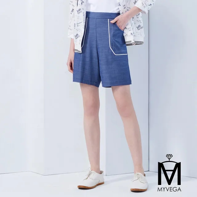 【MYVEGA 麥雪爾】MA高含棉白車線大口袋短褲-藍(2024春夏新品)