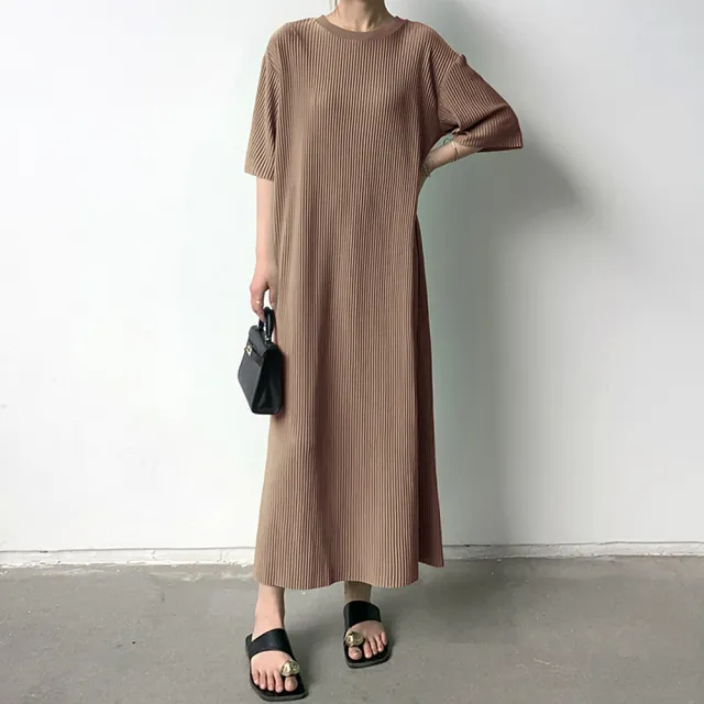 【JC Collection】洋裝優雅氣質寬鬆直立壓摺顯瘦連衣裙(藍色、棕色)