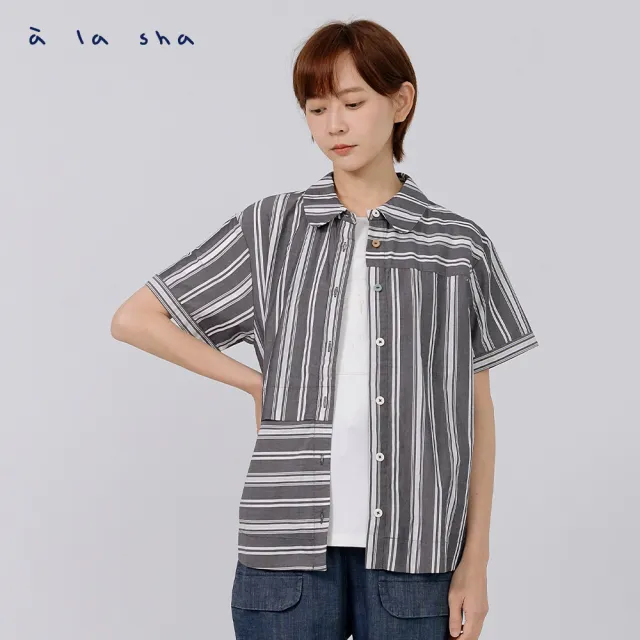 【a la sha】直橫條紋拼接襯衫