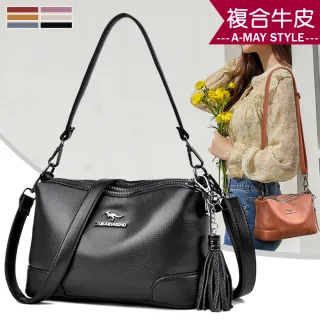 【Amay Style 艾美時尚】女包 真皮包 斜背包 手提包 簡約復古牛皮流蘇三層收納側肩背包(6色.預購)