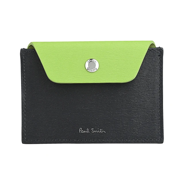 Paul Smith PAUL SMITH簽名燙印LOGO拉絲紋牛皮3卡壓釦式卡夾包(黑x淺綠x多色)