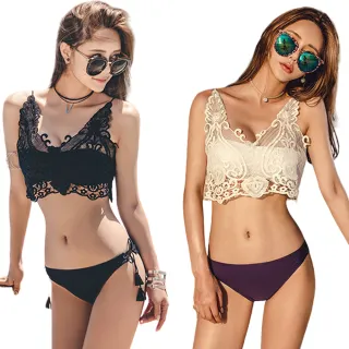 【Kosmiya】1套 兩件式 性感蕾絲深V泳裝/兩件式泳裝/保守泳裝/溫泉泳裝/防曬泳裝(2色可選/M-XL)