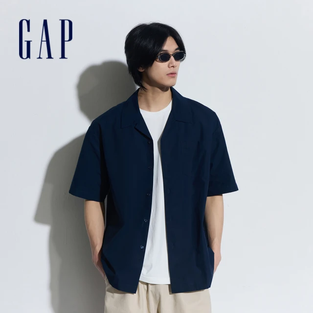 GAP 男裝 純棉翻領短袖襯衫-海軍藍(891053)