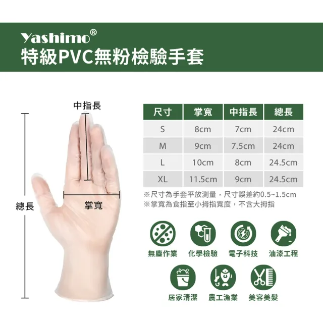 【Yashimo】特級PVC無粉檢驗手套 共1000支/十盒(PVC手套/清潔手套/檢驗手套/拋棄式手套)