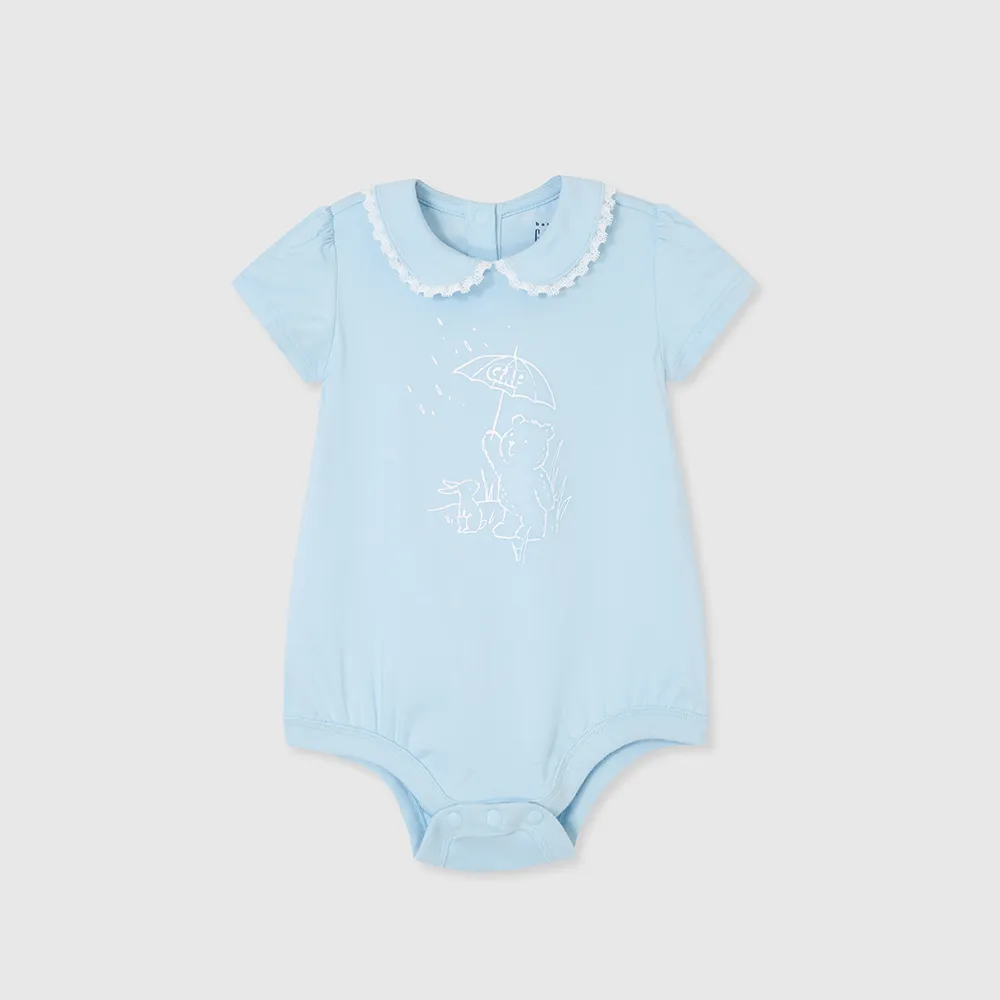【GAP】嬰兒裝 Logo純棉小熊印花翻領短袖包屁衣-藍色(890480)