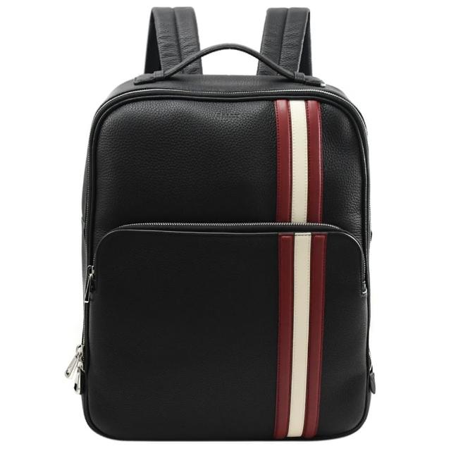 【BALLY】經典紅白紅條紋小牛皮前口袋旅用包商務包後背包(黑)