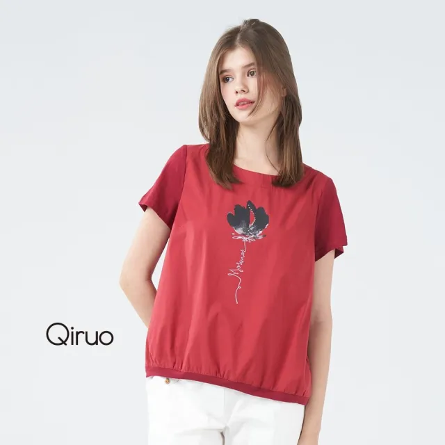 【Qiruo 奇若名品】春夏專櫃紅色上衣3045A  精緻女裝花設計(休閒圓領短袖女)