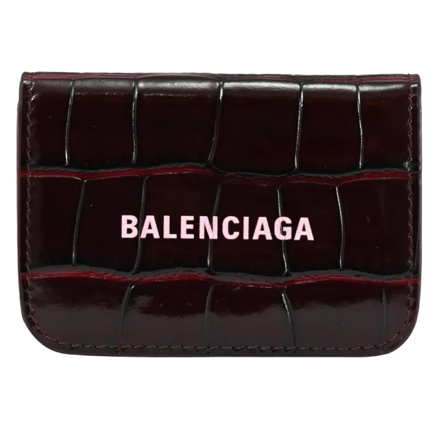 Balenciaga 巴黎世家Balenciaga 巴黎世家 經典LOGO鱷魚壓紋牛皮三折雙面零錢小短夾(酒紅)