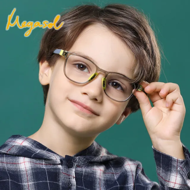 【MEGASOL】中性兒童男孩女孩濾藍光眼鏡抗UV400兒童濾藍光護目鏡(彈性膠框方框YKF8509-多款任選)