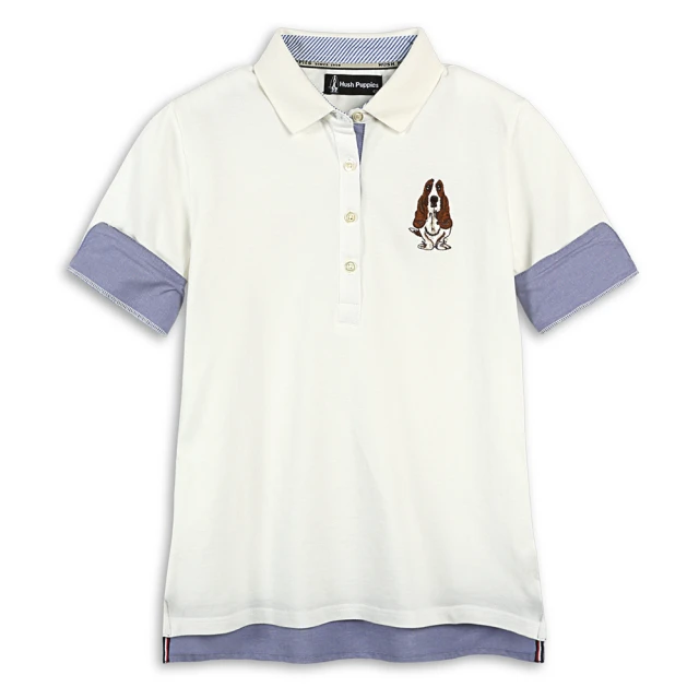 Hush Puppies 女裝 POLO衫 知性假兩件袖開岔刺繡狗短袖POLO衫(米白 / 43201103)