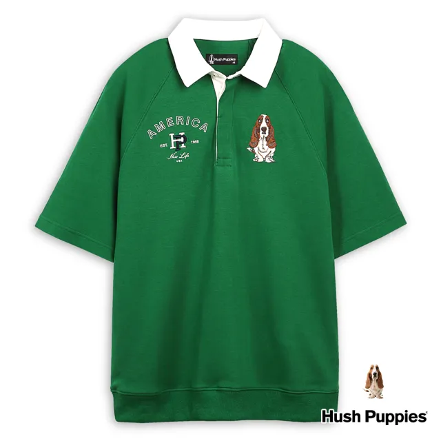 【Hush Puppies】男裝 POLO衫 雙圖騰刺繡狗寬鬆拉克蘭袖POLO衫(綠色 / 43101105)