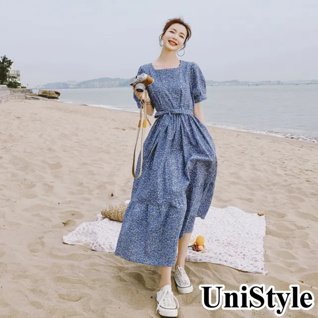 【UniStyle】碎花短袖洋裝 韓系泡泡袖甜美連身裙 女 ZMC313-0708(藍)
