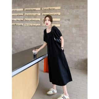 【UniStyle】亞麻短袖洋裝 韓系方領泡泡袖寬鬆顯瘦連身裙 女 ZM139-2383(黑)