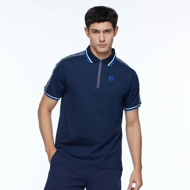 【NAUTICA】男裝 COMPETITION運動風品牌LOGO織帶短袖POLO衫(深藍)