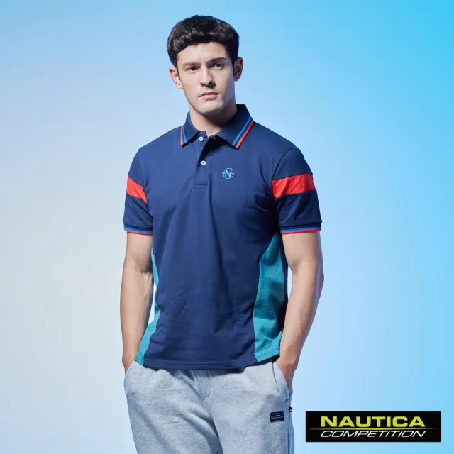 【NAUTICA】男裝 COMPETITION撞色拼接LOGO短袖POLO衫(深藍)