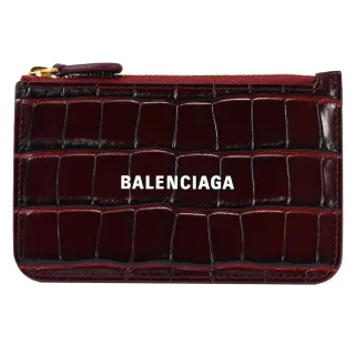 【Balenciaga 巴黎世家】簡約經典品牌LOGO鱷魚壓紋信用卡零錢包(酒紅)
