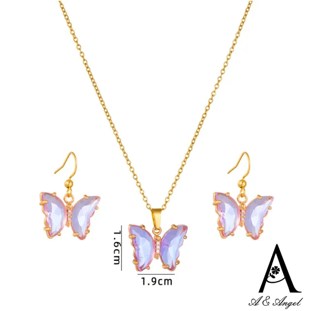 【ANGEL】森林系蝴蝶結彩色水晶耳環項鍊二件組(4色可選)