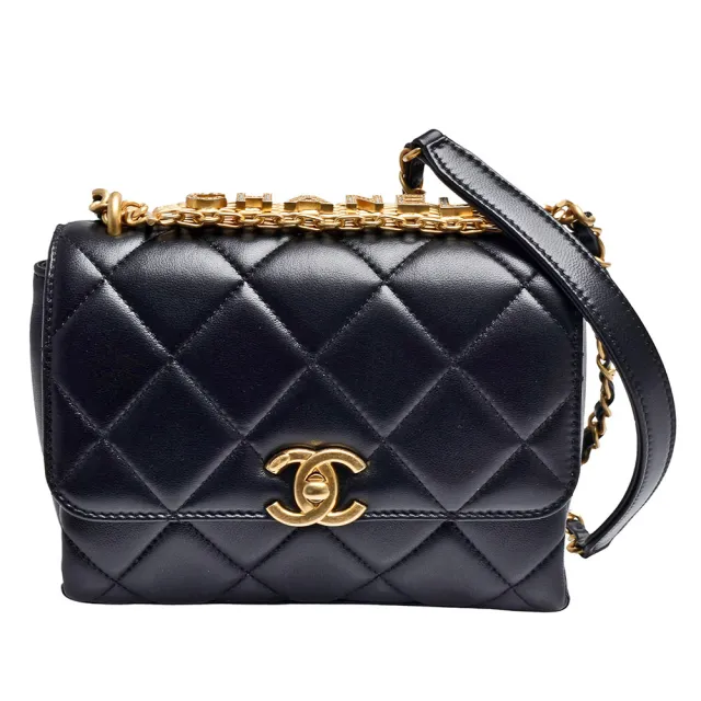 【CHANEL 香奈兒】經典仿舊雙C LOGO菱格紋小羊皮金屬提把手提/斜背包(黑AS3239L-BLK-GPN)