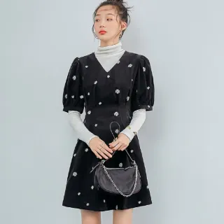 【創翊韓都】韓國空運 氣質收腰刺繡五分袖洋裝GE00574-創翊韓都(現貨)