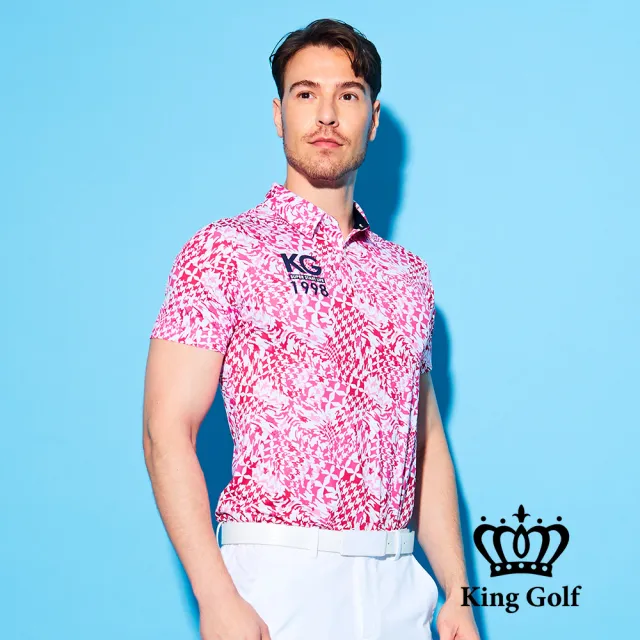 【KING GOLF】實體同步款-男款千鳥格滿版印圖KG印花短袖POLO衫/高爾夫球衫(粉色)