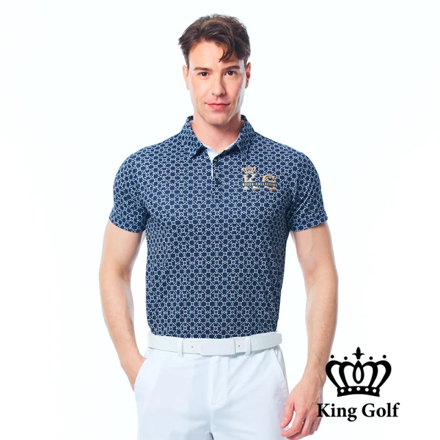 KING GOLF 實體同步款-男款連續圖騰滿版印圖KG印花短袖POLO衫/高爾夫球衫(丈青)