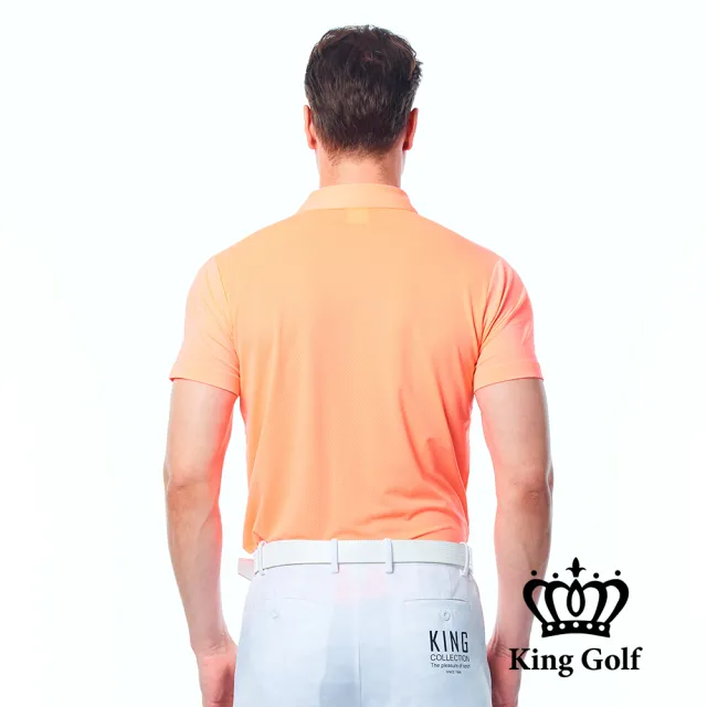 【KING GOLF】實體同步款-男款科技線條印花KG燙標透氣洞洞拼接短袖POLO衫/高爾夫球衫(橘色)