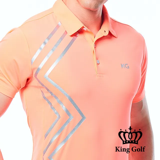 【KING GOLF】實體同步款-男款科技線條印花KG燙標透氣洞洞拼接短袖POLO衫/高爾夫球衫(橘色)