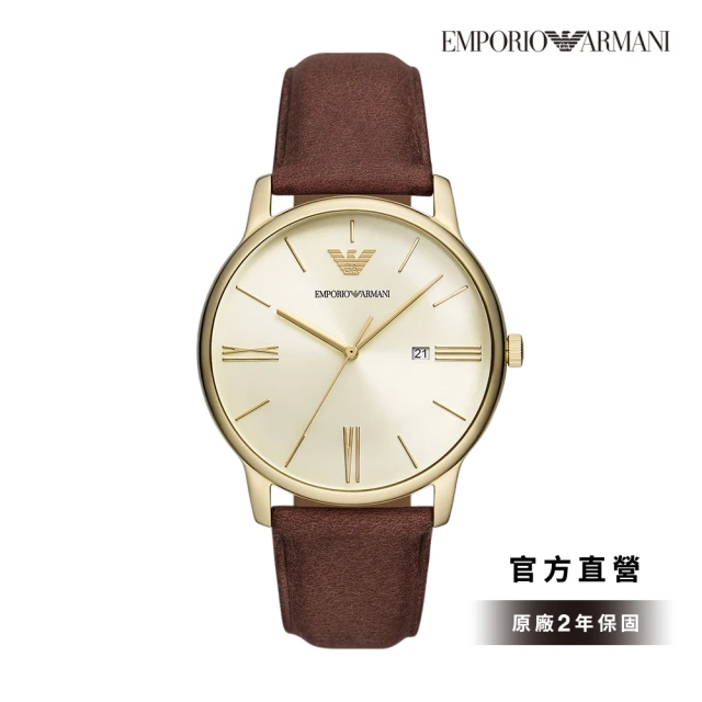 EMPORIO ARMANI 官方直營 Minimalist 復刻簡約指針手錶 棕色真皮錶帶 42MM AR11610