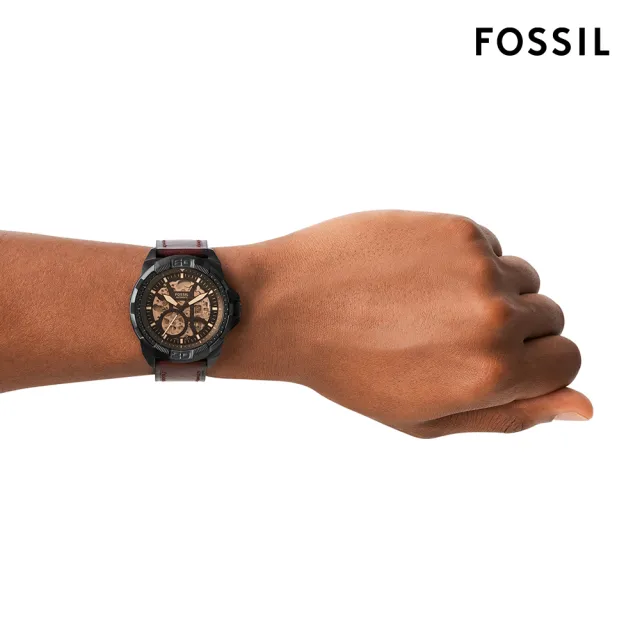 【FOSSIL 官方旗艦館】Bronson 美式風潮鏤空機械手錶 棕色LiteHide™ 皮革錶帶 44MM ME3219