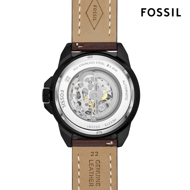 【FOSSIL 官方旗艦館】Bronson 美式風潮鏤空機械手錶 棕色LiteHide™ 皮革錶帶 44MM ME3219