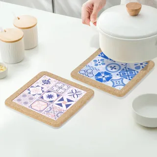【Quasi】花磚圖樣耐熱陶瓷軟木邊鍋墊