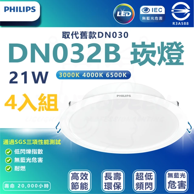 Philips 飛利浦 4入組 DN032b 21W崁燈 嵌入孔20cm(白光/中性光/黃光)