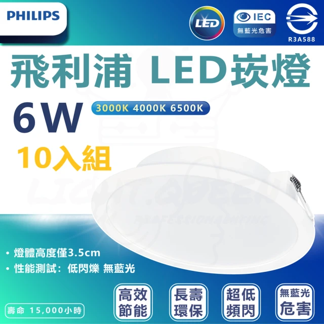 Philips 飛利浦 10入組 DN028b 6W崁燈 嵌入孔9cm(白光/中性光/黃光)