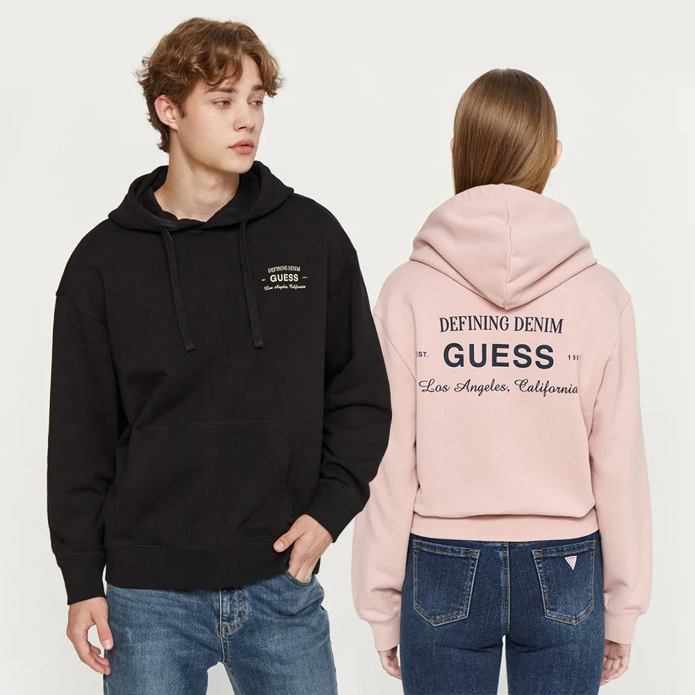 【GUESS】背面印花LOGO休閒連帽落肩帽T(三色任選)