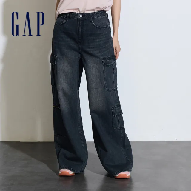 【GAP】女裝 Logo純棉工裝牛仔寬褲-黑色(873049)