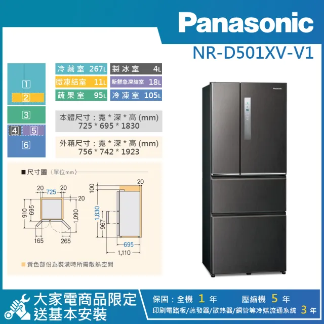 【Panasonic 國際牌】500公升 一級能效智慧節能變頻對開四門冰箱(NR-D501XV)