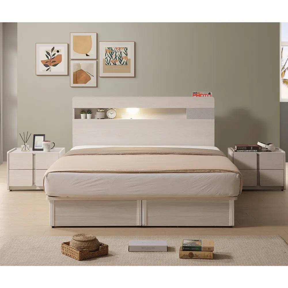 【直人木業】VENUS極簡風白榆木平面床頭搭配側兩抽床組(雙人標準5尺)