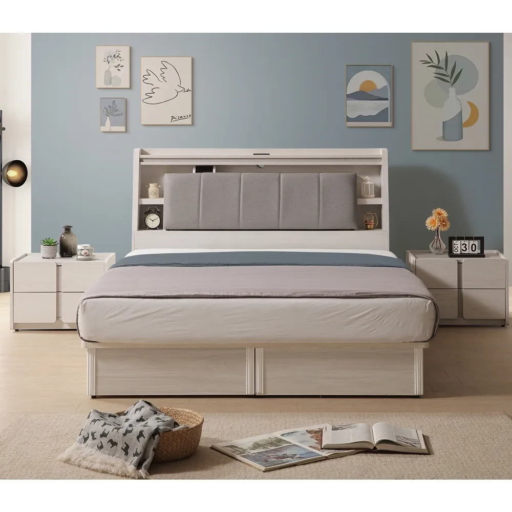 【直人木業】VENUS極簡風白榆木收納床頭搭配側兩抽床組(雙人標準5尺)