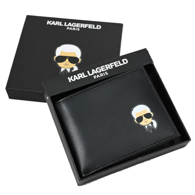 【KARL LAGERFELD 卡爾】老佛爺 烙印公仔LOGO對折6卡短夾禮盒組(黑)