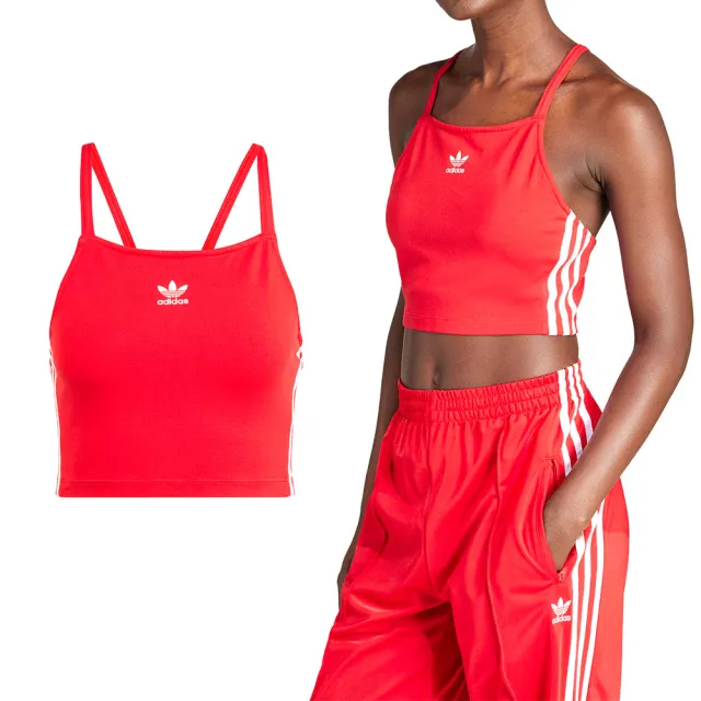 adidas 愛迪達】3 S Crop Top 女款紅色削肩慢跑三葉草運動休閒背心 